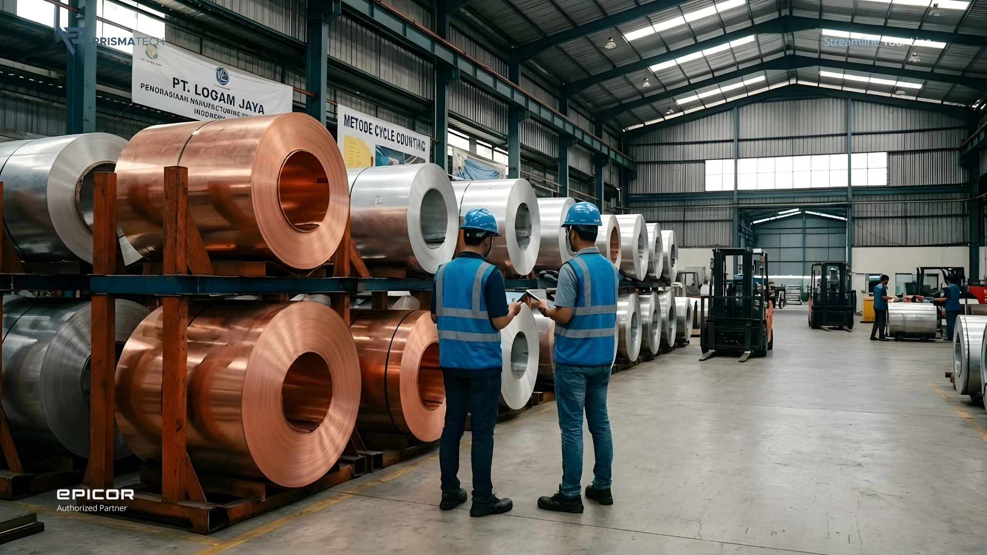 Pemandangan luas (wide-angle) di dalam gudang manufaktur logam Indonesia yang sibuk. Dua insinyur mengenakan helm keselamatan dan rompi sedang melakukan inspeksi stok pada gulungan besar tembaga kemerahan dan aluminium perak menggunakan tablet digital. Latar belakang menunjukkan lingkungan pabrik yang luas dengan forklift dan struktur baja.