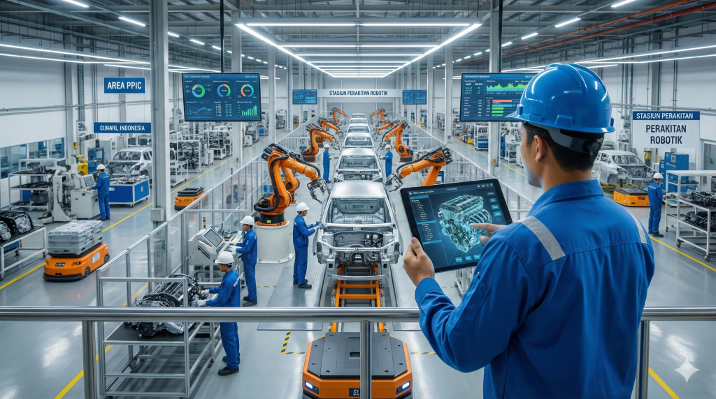 Manajer PPIC di pabrik otomotif Indonesia sedang menggunakan aplikasi ppic pabrik pada tablet untuk memantau struktur BOM bertingkat yang kompleks di area perakitan.