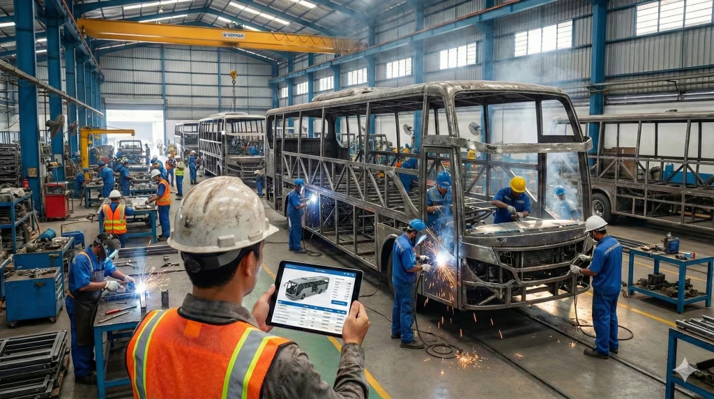 Supervisor pabrik karoseri bus di Indonesia sedang memantau estimasi biaya produksi menggunakan tablet yang terintegrasi sistem ERP.