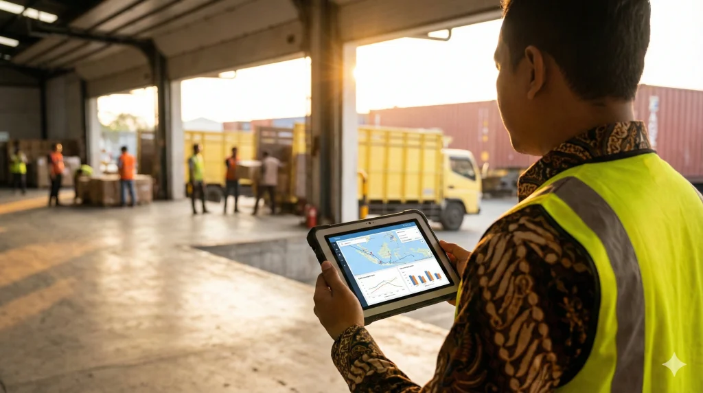 Seorang direktur keuangan memantau grafik rasio biaya operasional (BOPO) pada tablet dengan latar belakang operasional mesin pabrik manufaktur di Indonesia menggunakan sistem ERP