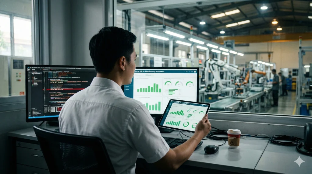 Seorang Direktur IT pabrik Indonesia melihat kode pemrograman ERP custom yang rumit dan error di monitor, membandingkannya dengan visibilitas real-time dashboard BI pada tablet yang ia pegang, dengan latar belakang lini produksi pabrik yang aktif.