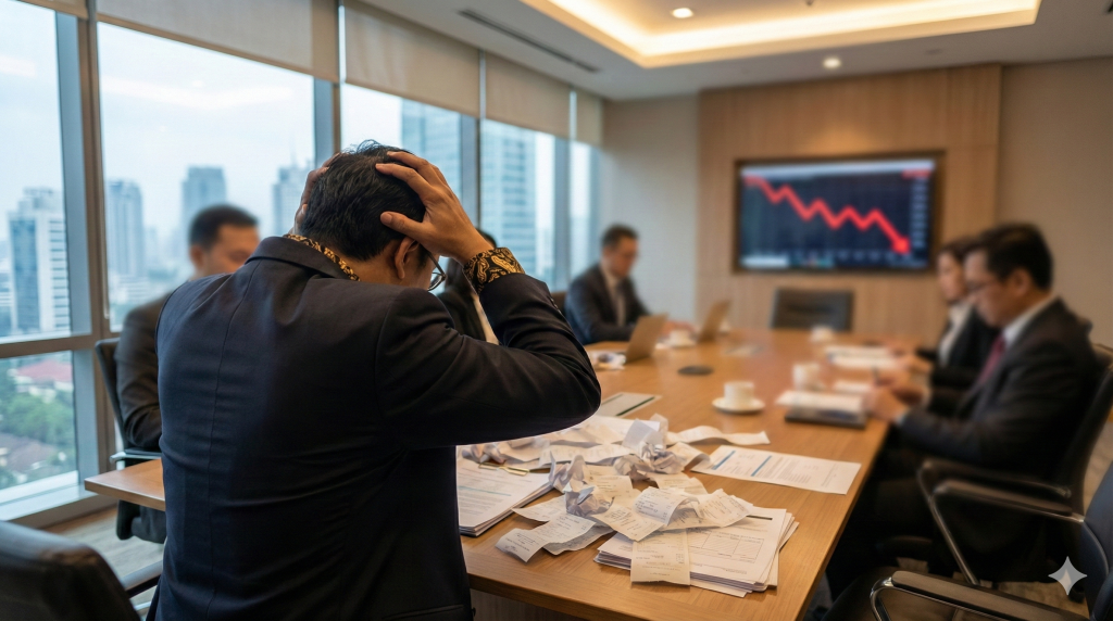 Ilustrasi masalah maverick buying atau pembelian liar yang menyebabkan kebocoran anggaran perusahaan akibat tumpukan tagihan manual.