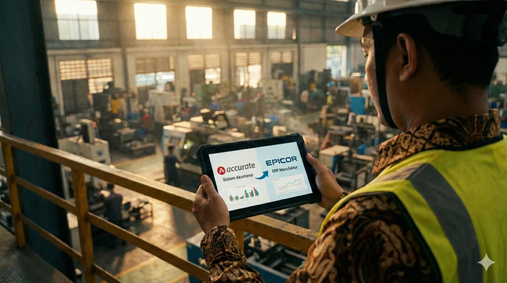 Seorang manajer pabrik di Indonesia melihat data produksi real-time pada tablet di tengah aktivitas lantai produksi yang sibuk, menggambarkan kebutuhan upgrade sistem.