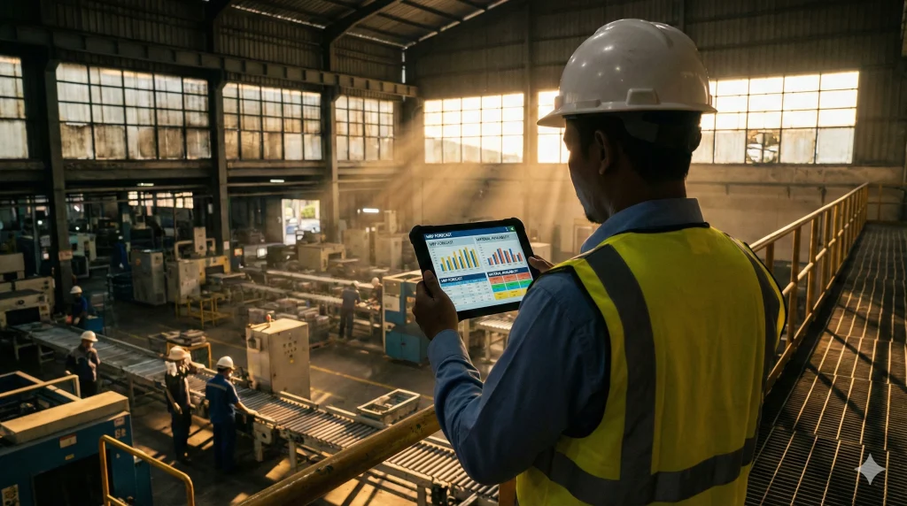 Seorang manajer produksi di pabrik manufaktur Indonesia terlihat dari belakang sedang memantau data Material Requirement Planning (MRP) yang kompleks pada tablet di tengah aktivitas lantai produksi yang sibuk, merepresentasikan solusi digital Epicor ERP.