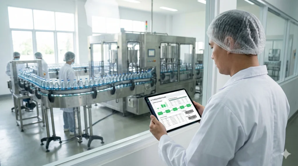 Seorang manajer jaminan mutu pabrik makanan dan minuman di Indonesia sedang memantau aplikasi lot tracking dan batch number pada tablet, dengan latar belakang mesin pengemasan minuman otomatis berbahan baja tahan karat yang higienis.