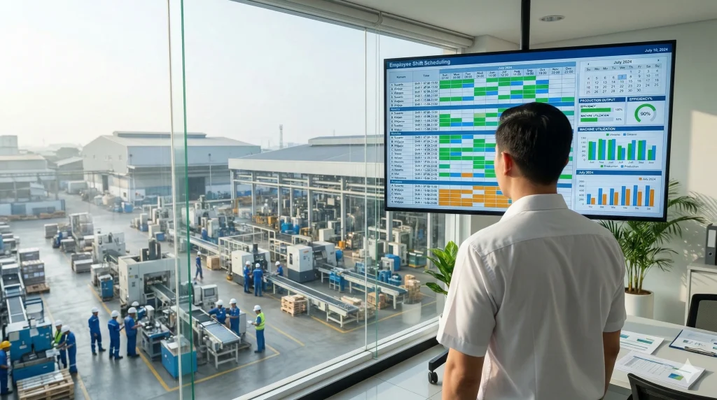 Seorang manajer perencanaan pabrik manufaktur di Indonesia sedang melihat layar monitor yang menampilkan proses membuat jadwal shift otomatis menggunakan sistem Epicor ERP, berlatar belakang lantai produksi yang terang.