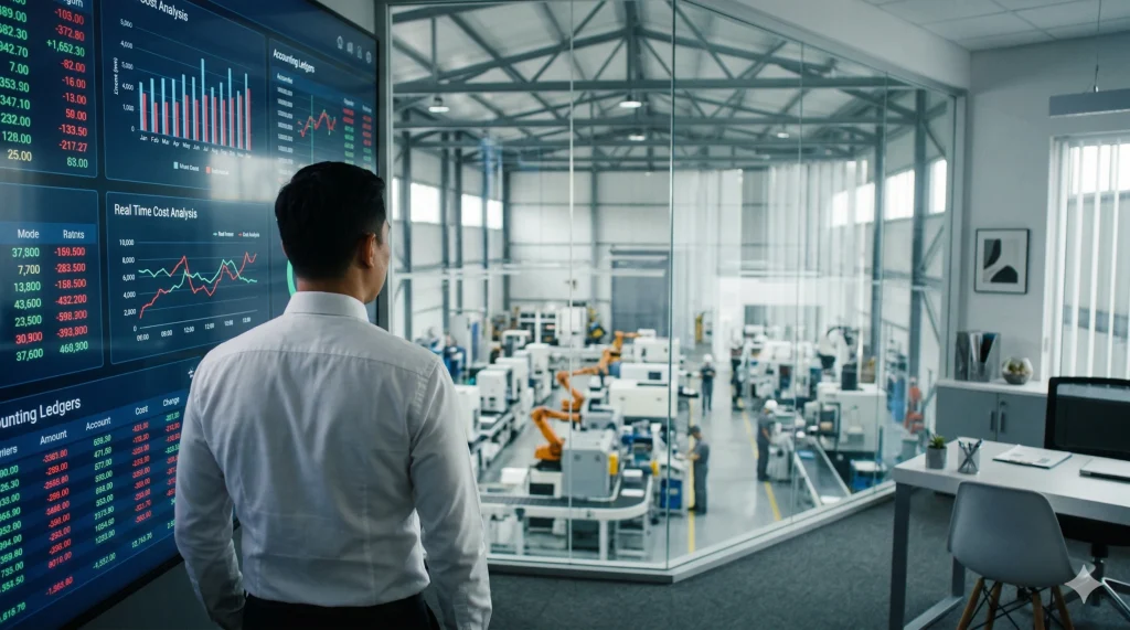 Seorang direktur keuangan pabrik di Indonesia sedang melihat layar monitor berisi grafik software untuk akuntansi dan laporan biaya produksi, berlatar belakang lantai manufaktur modern.